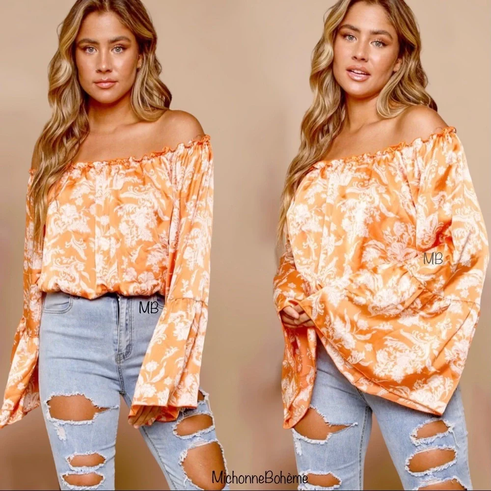Orange Spring Floral Crop Top Blouse - Picture 4 of 11